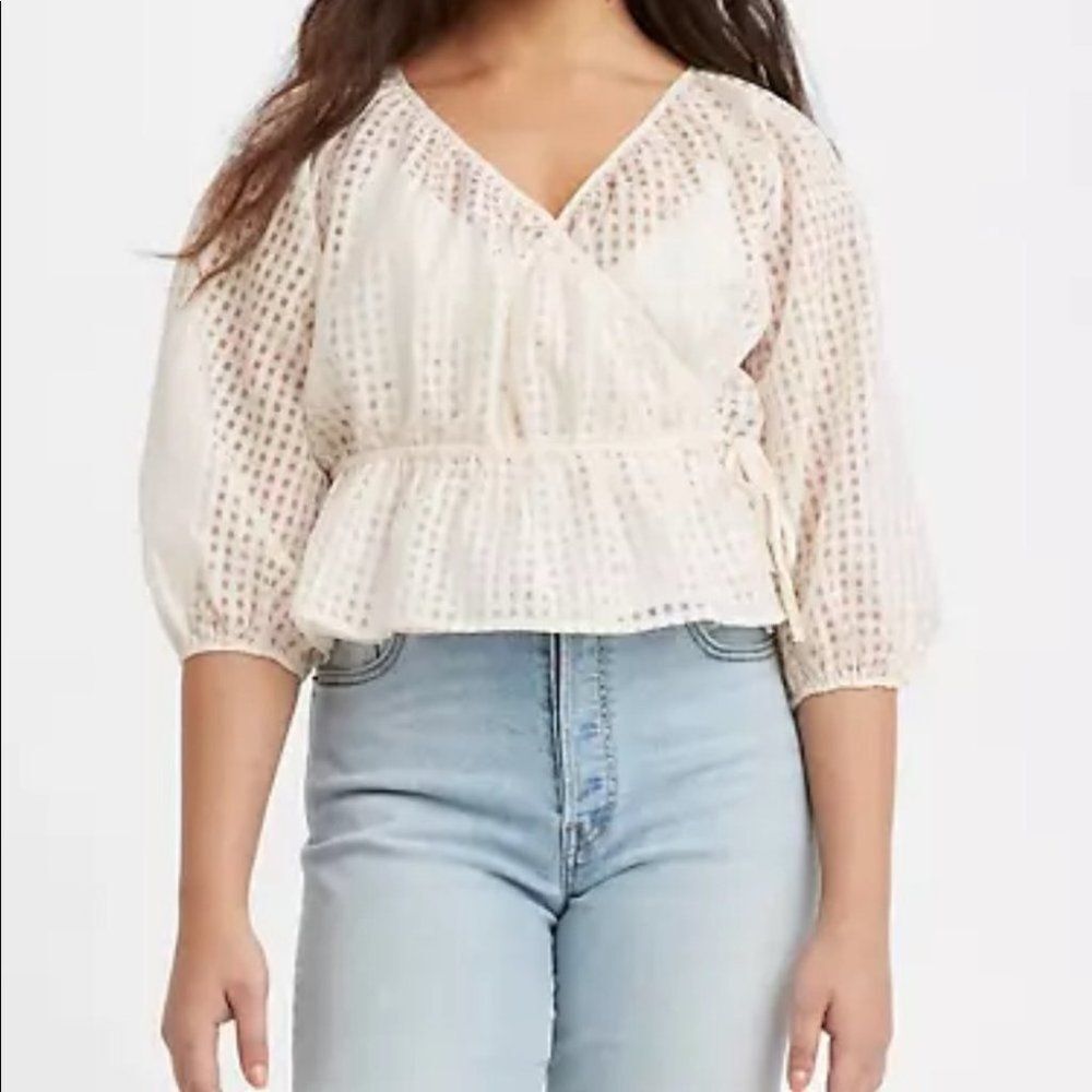 Levi’s Windowpane Delilah Wrap Puff Sleeve Top White Size S